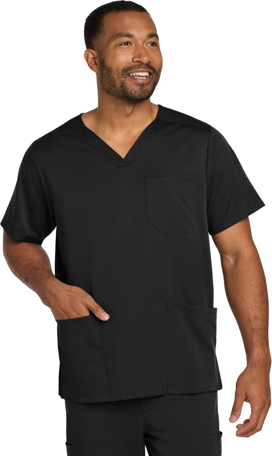 Front View of Black Wink Men's Premiere Flex V-Neck Top WW5068
