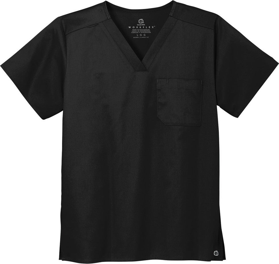 Front View of Black Wink Unisex WorkFlex Chest Pocket V-Neck Top WW3160