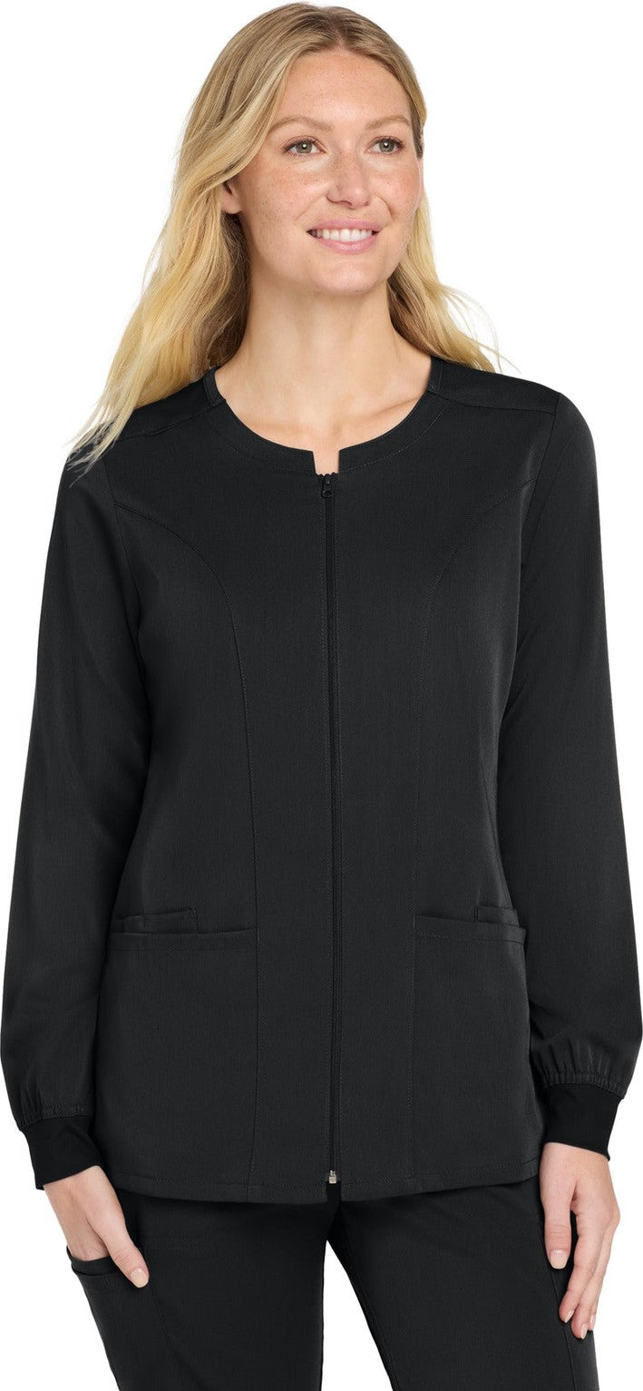 Front View of Black Wink Women's Premiere Flex Full-Zip Scrub Jacket WW4088