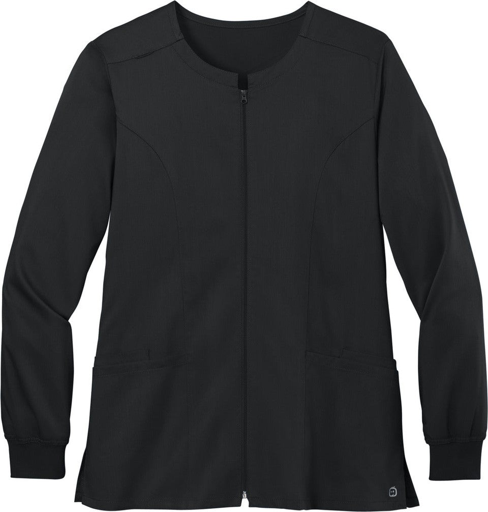Front View of Black Wink Women's Premiere Flex Full-Zip Scrub Jacket WW4088
