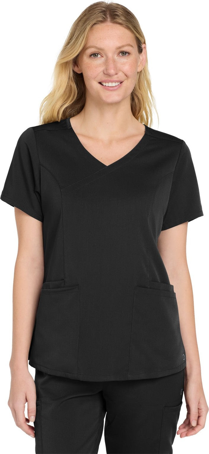 Front View of Black Wink Women's Premiere Flex Mock Wrap Top WW4268
