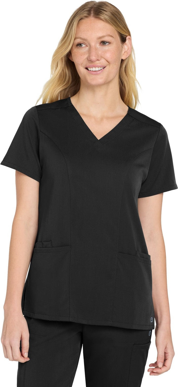 Front View of Black Wink Women's Premiere Flex V-Neck Top WW4168