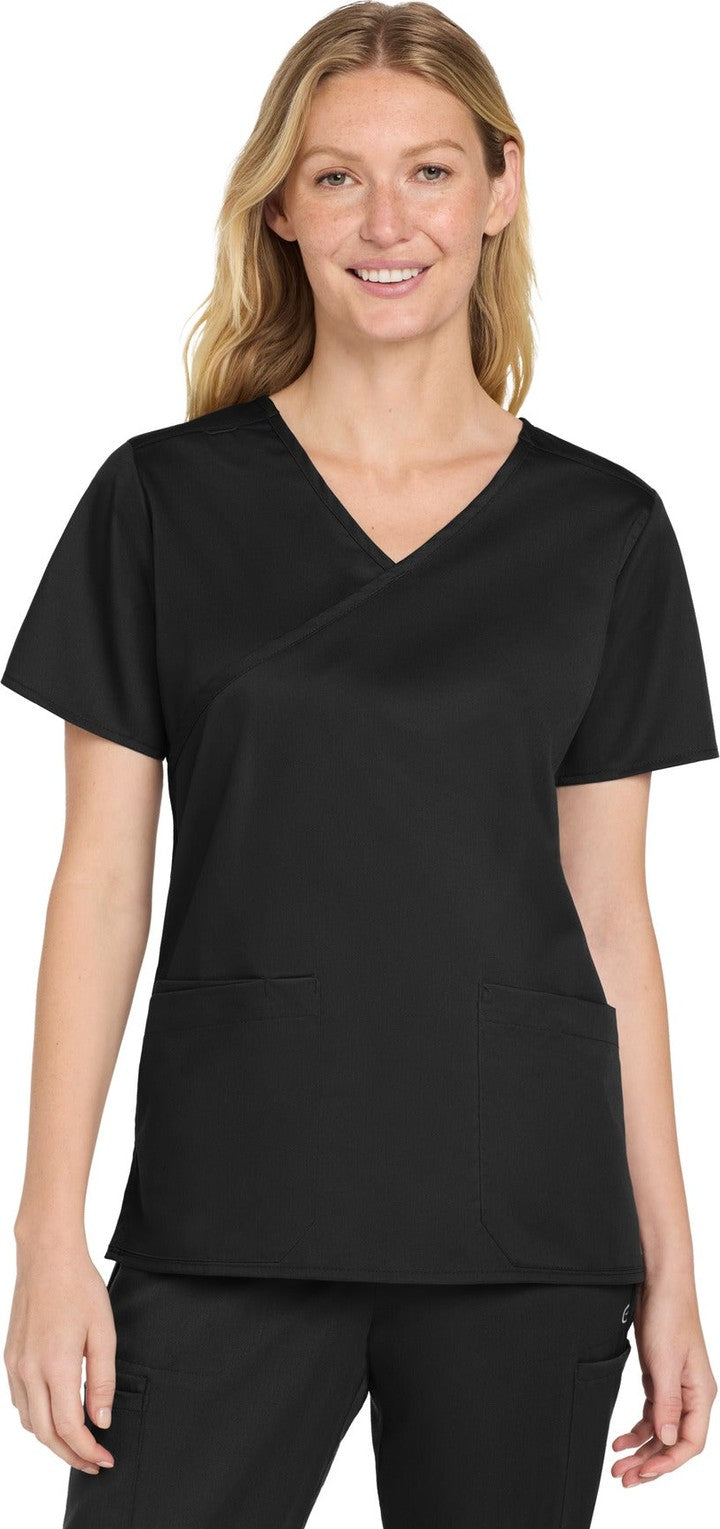 Front View of Black Wink Women's WorkFlex Mock Wrap Top WW4760