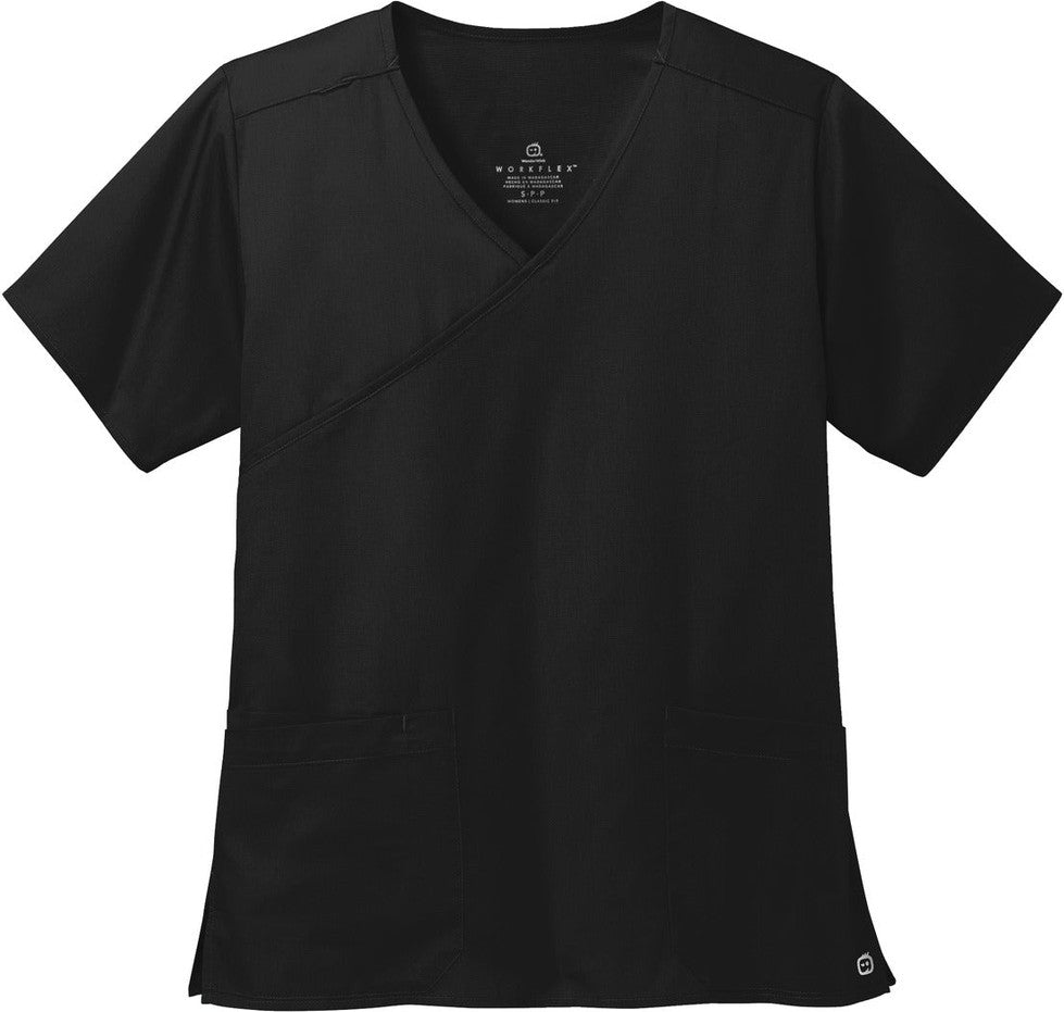 Front View of Black Wink Women's WorkFlex Mock Wrap Top WW4760