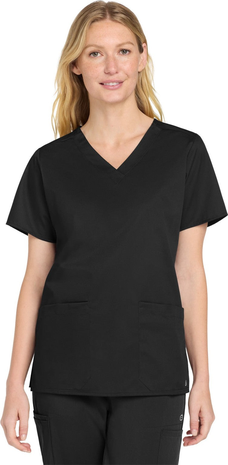 Front View of Black Wink Women's WorkFlex V-Neck Top WW4560