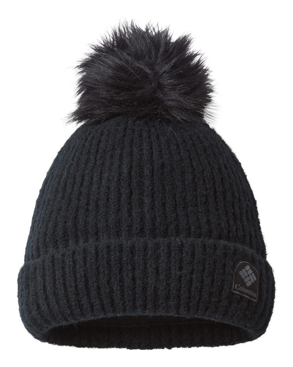 Front View of Black Winter Blur™ Pom-Pom Cuffed Beanie - 186210