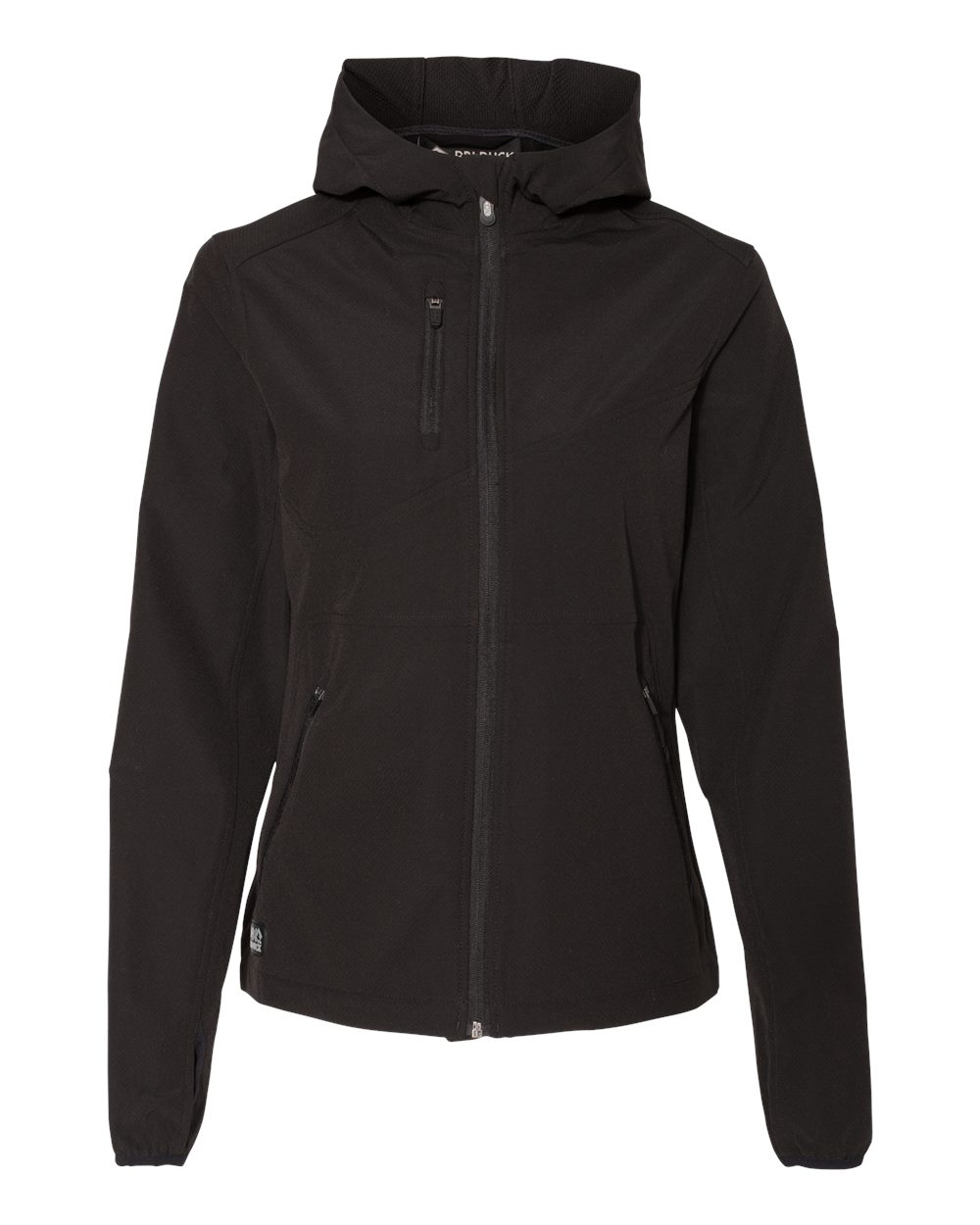 Front View of Black Women's Ascent Soft Shell Hooded Jacket - 9411