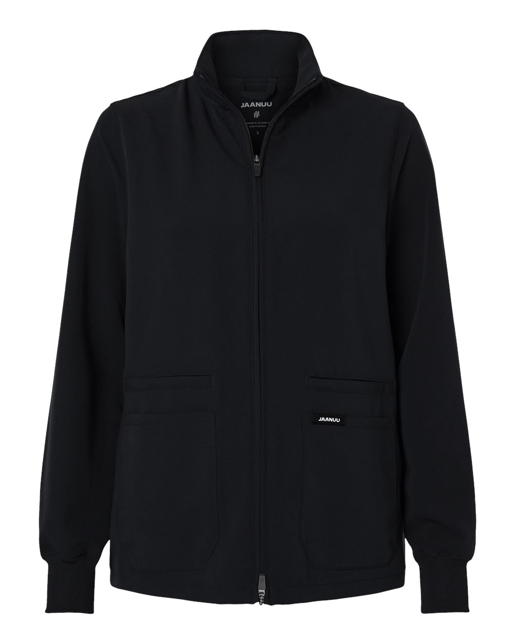 Front View of Black Women's Ceri Essential Full-Zip 6-Pocket Scrub Jacket - W60001
