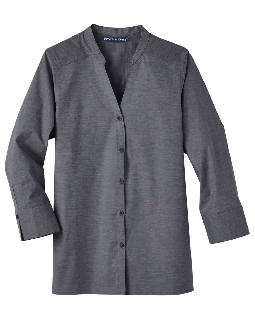 Front View of Black Women&#39;s Crown Collection® Stretch Pinpoint Chambra Three-Quarter Sleeve Shirt - DG562W