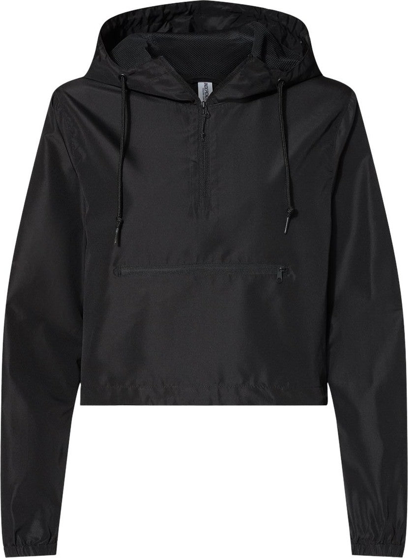 Front View of Black Women's Lightweight Quarter-Zip Pullover Crop Windbreaker - EXP64CRP