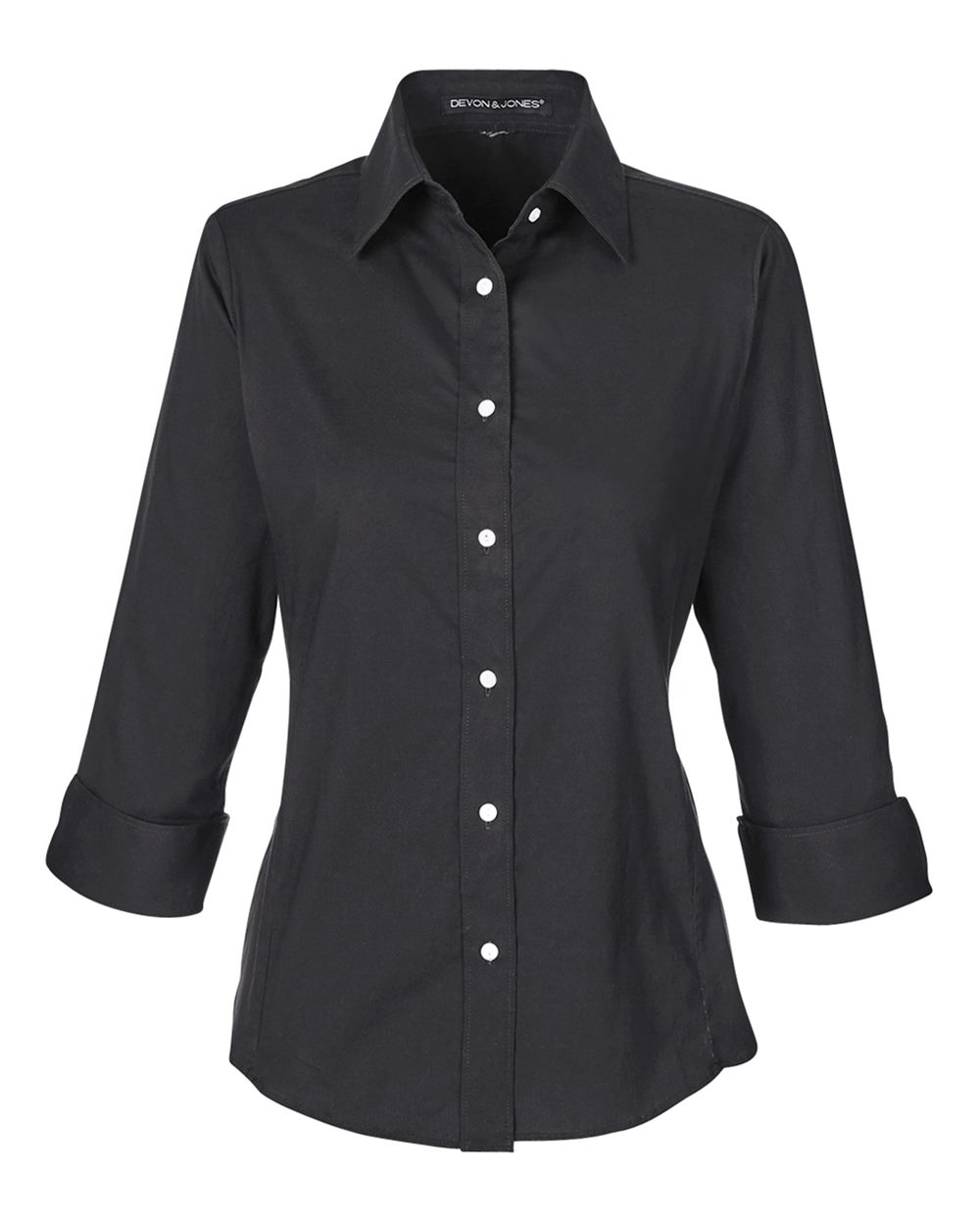 Front View of Black Women's Perfect Fit™ Three-Quarter Sleeve Stretch Poplin Dress Shirt - DP625W