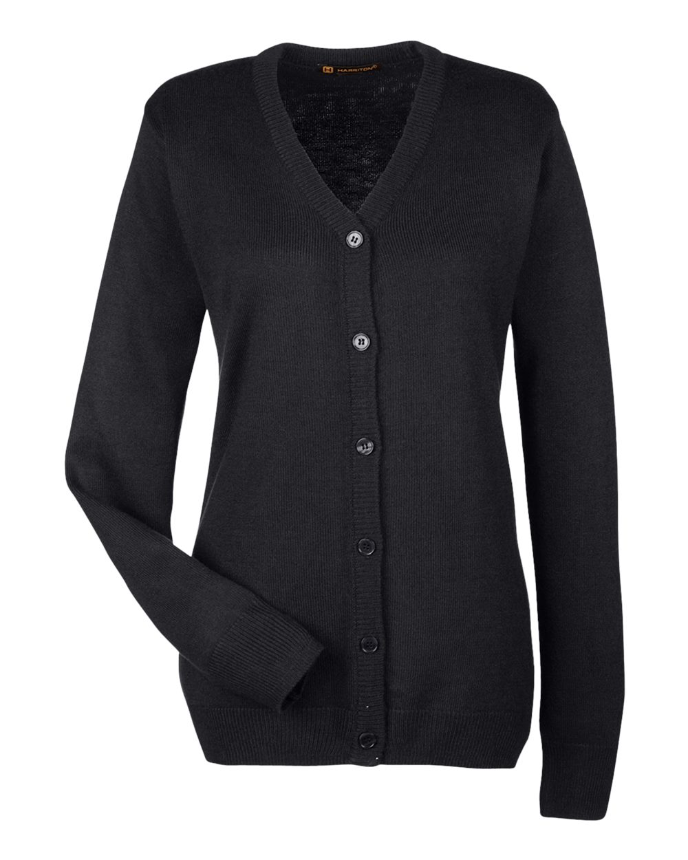 Front View of Black Women's Pilbloc V-Neck Button Cardigan Sweater - M425W