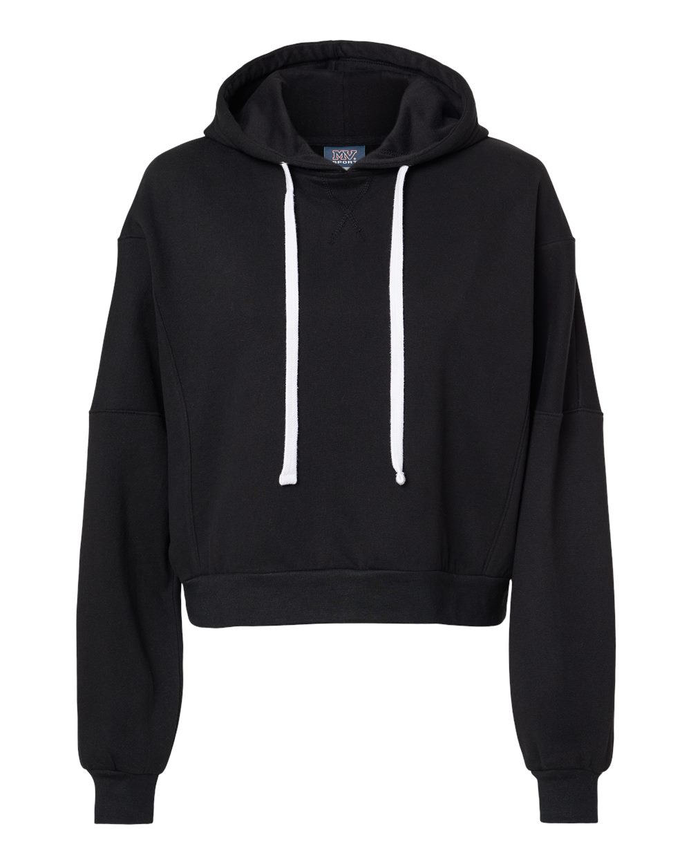 Front View of Black Women&#39;s Sueded Fleece Crop Hooded Sweatshirt - W21751