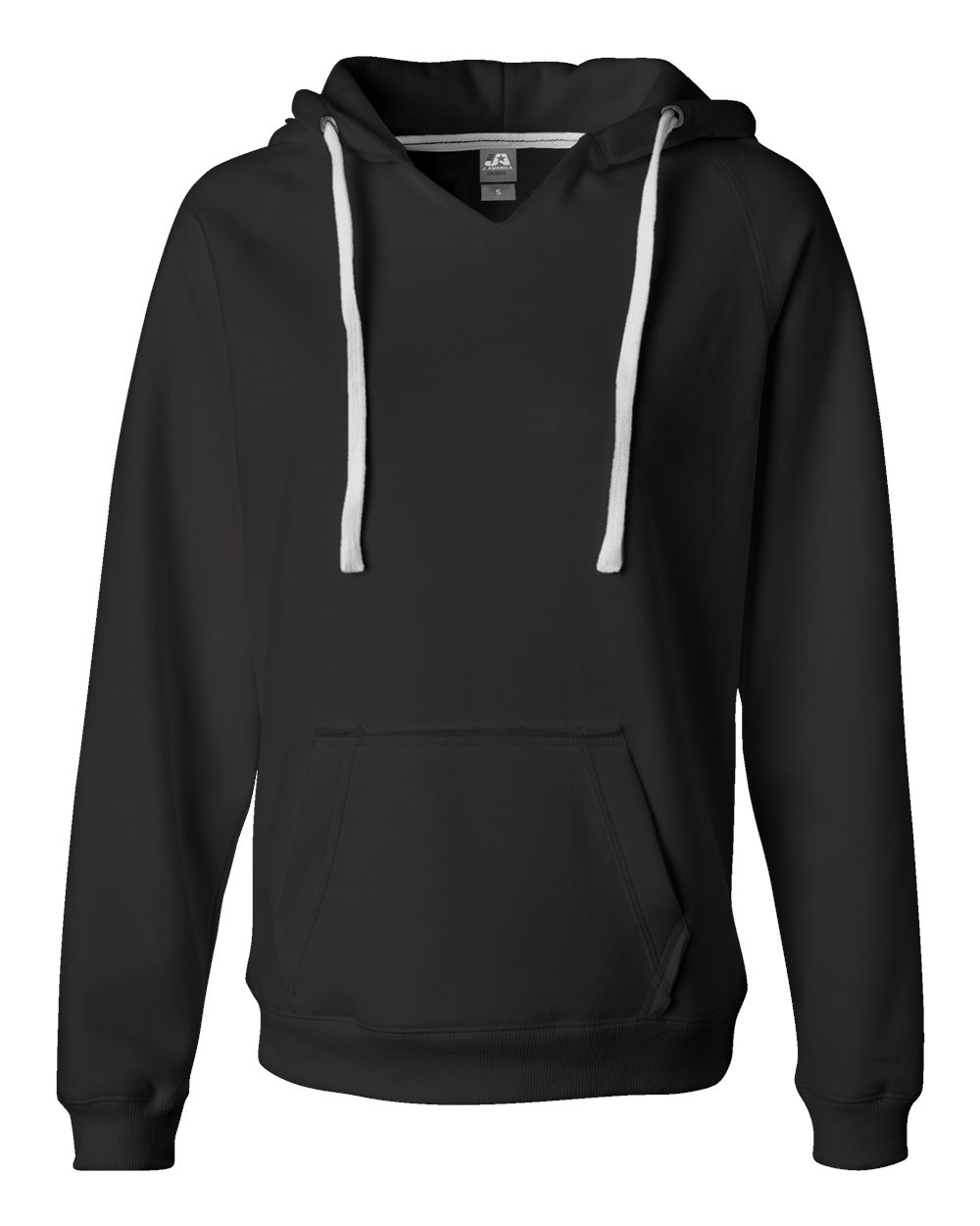 Front View of Black Women's Sueded V-Neck Hooded Sweatshirt - 8836