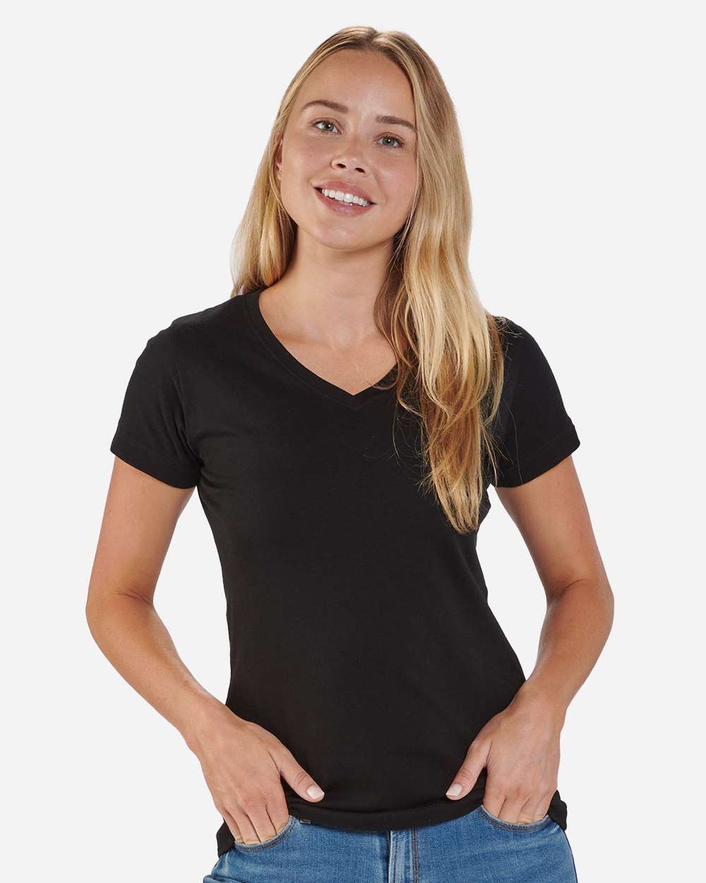 Front View of Black Women's V-Neck T-Shirt - BW2201
