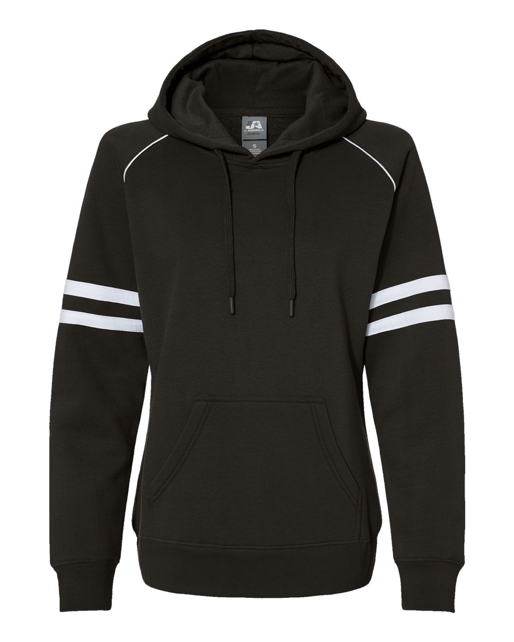 Front View of Black Women's Varsity Fleece Piped Hooded Sweatshirt - 8645