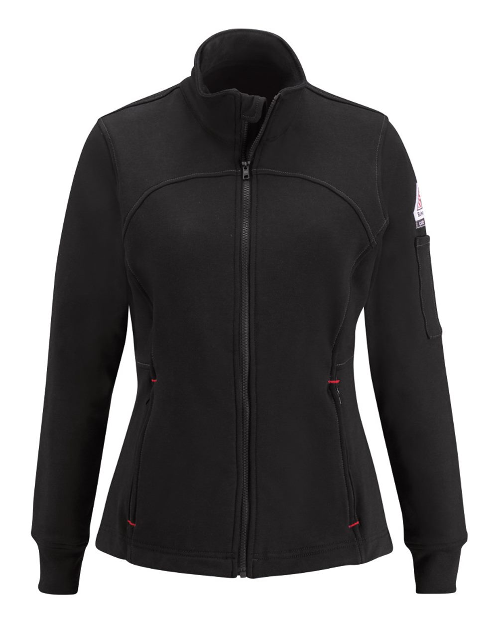Front View of Black Women's Zip Front Fleece Jacket-Cotton/Spandex Blend - SEZ3