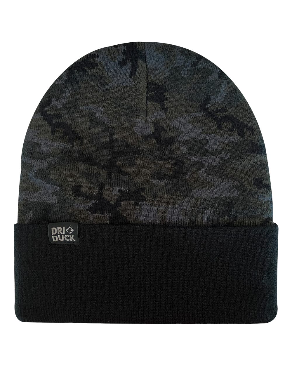 Front View of Black Woodland Camo Coleman Cuffed Beanie - 3523