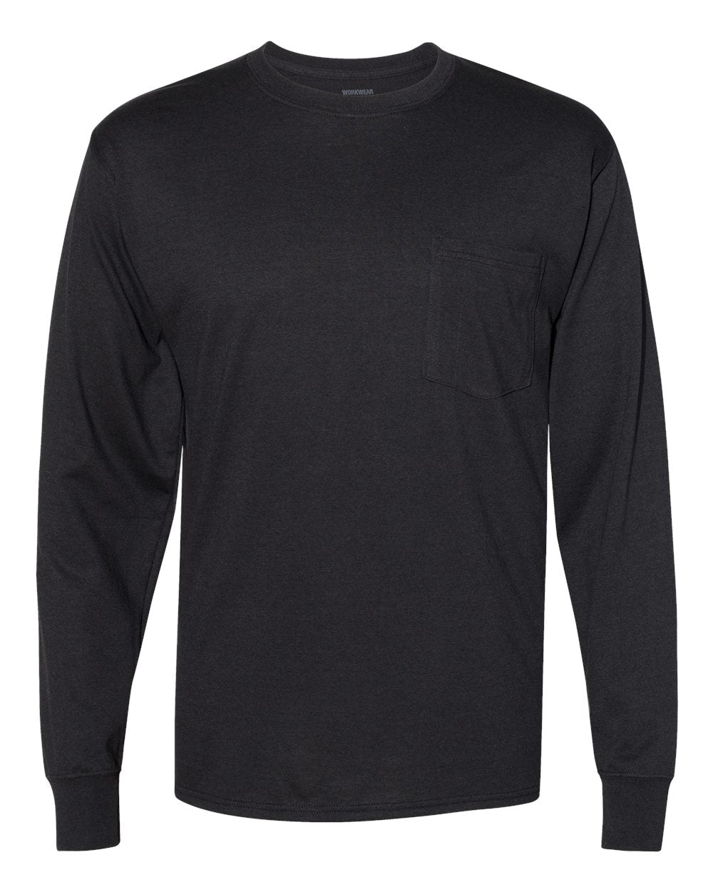 Front View of Black Workwear Long Sleeve Pocket T-Shirt - W120
