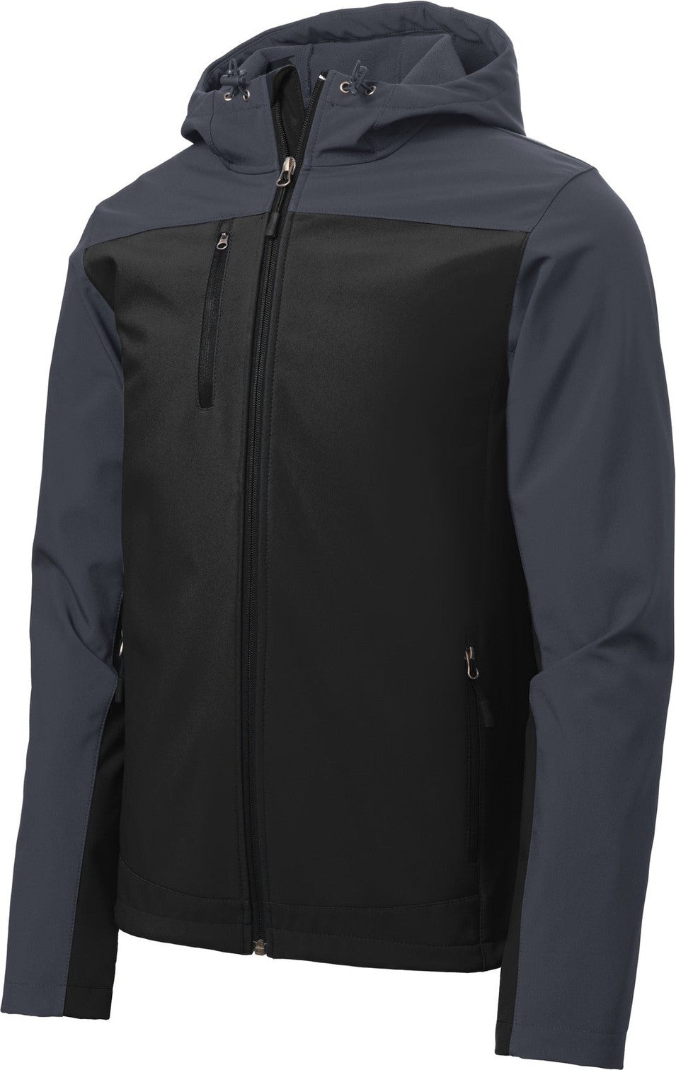 Front View of Black/Batl Gry Port Authority Hooded Core Soft Shell Jacket. J335