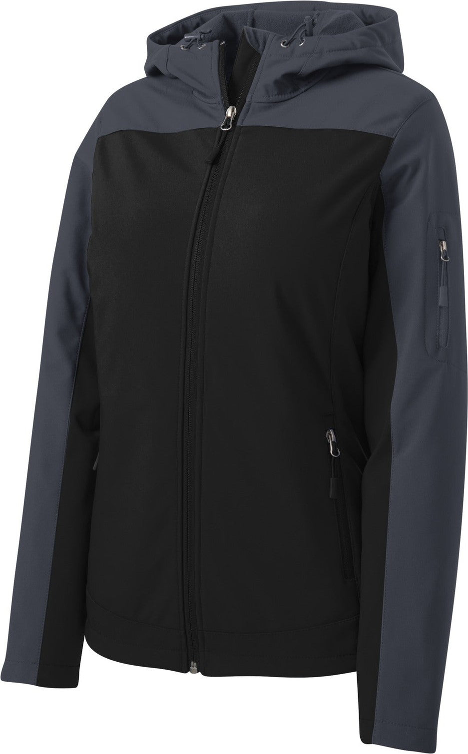 Front View of Black/Batl Gry Port Authority Women's Hooded Core Soft Shell Jacket. L335