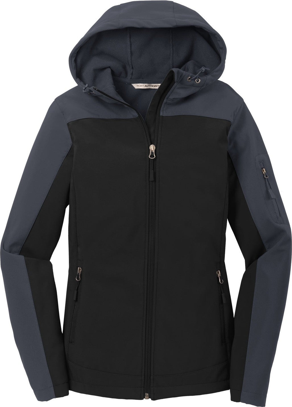 Front View of Black/Batl Gry Port Authority Women's Hooded Core Soft Shell Jacket. L335