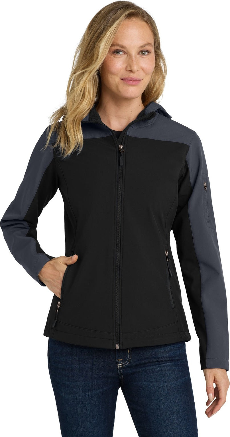 Front View of Black/Batl Gry Port Authority Women's Hooded Core Soft Shell Jacket. L335