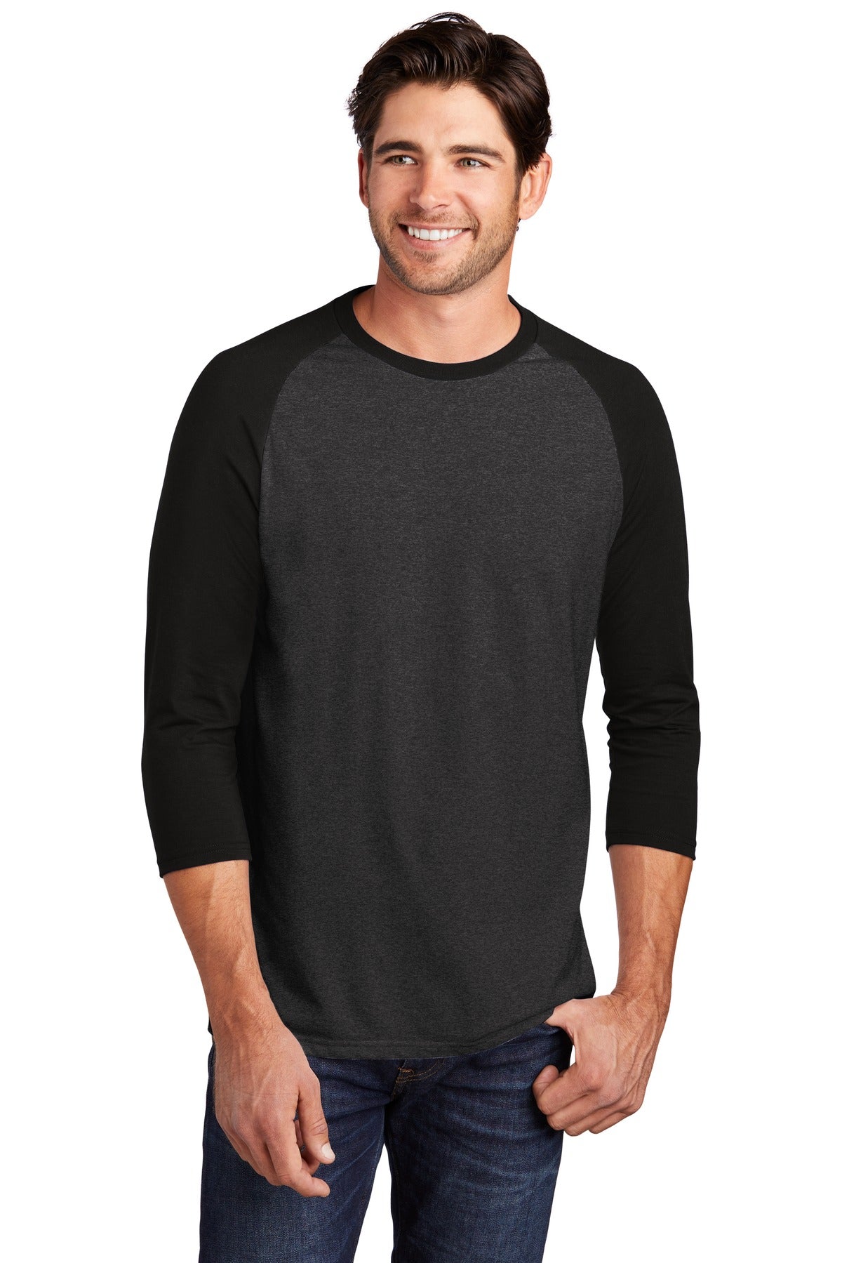 Front View of Black/Black Fr District Perfect Tri 3/4-Sleeve Raglan. DM136