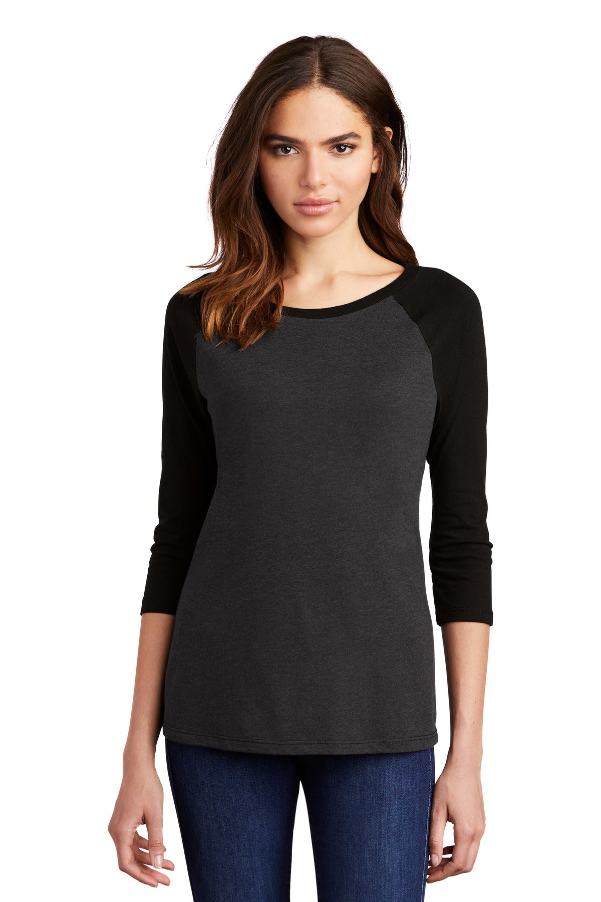 Front View of Black/Black Fr District Women's Perfect Tri 3/4-Sleeve Raglan. DM136L