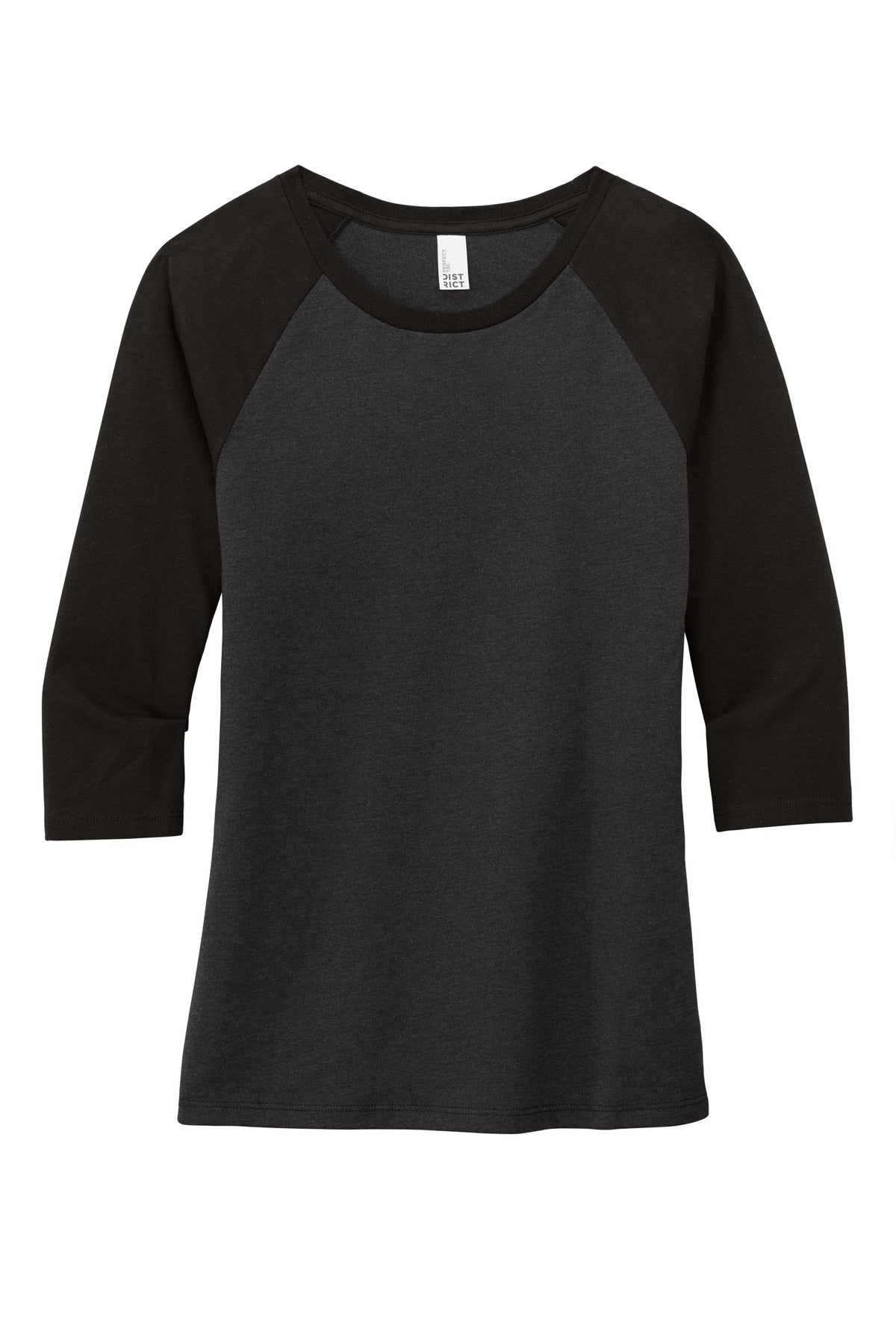 Front View of Black/Black Fr District Women's Perfect Tri 3/4-Sleeve Raglan. DM136L