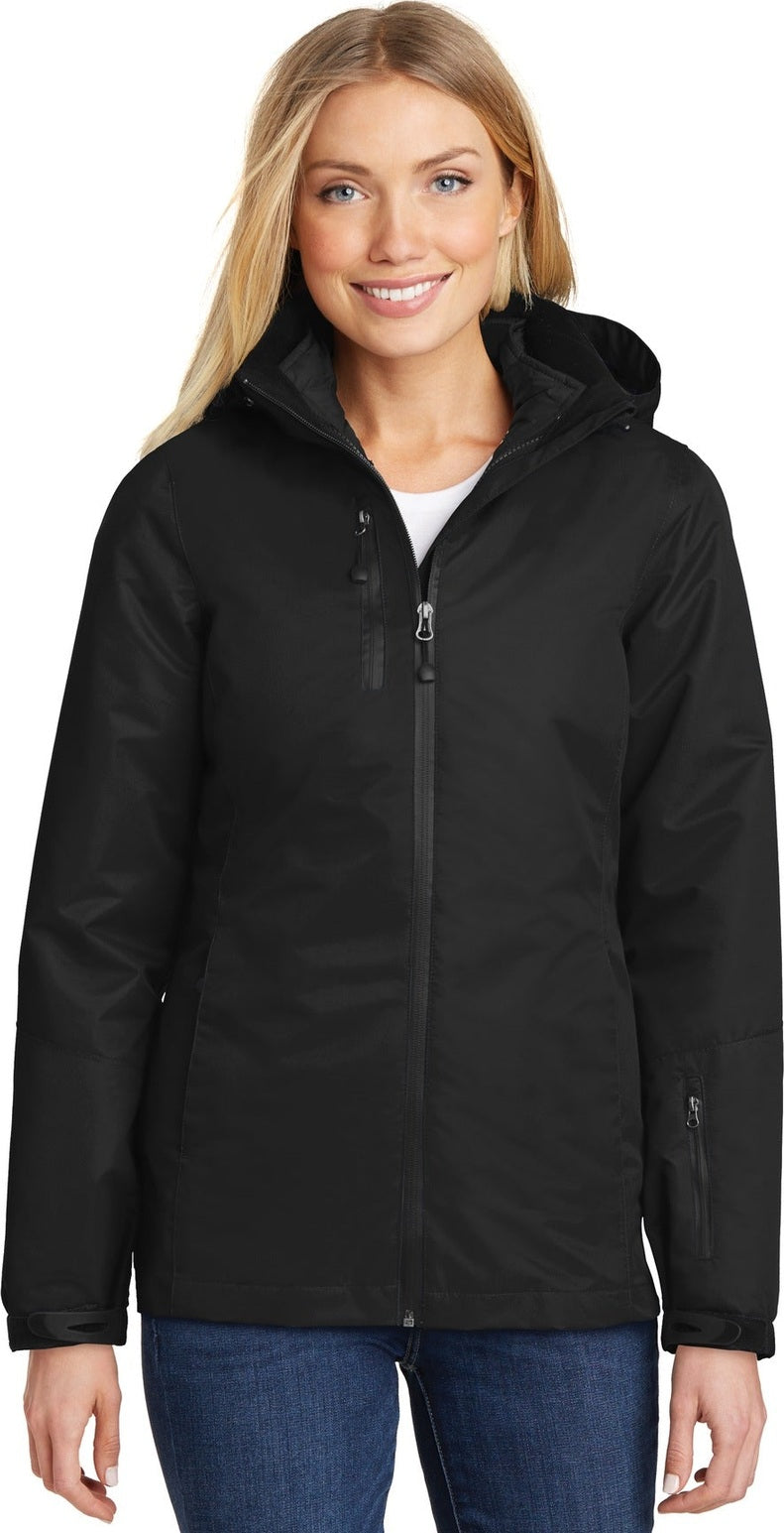 Front View of Black/Black Port Authority Women's Vortex Waterproof 3-in-1 Jacket. L332