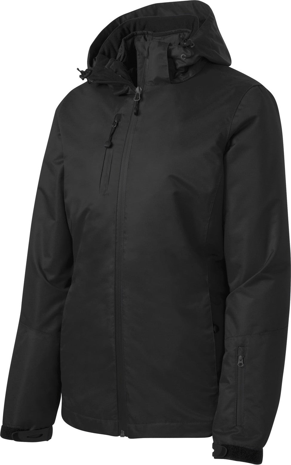 Front View of Black/Black Port Authority Women's Vortex Waterproof 3-in-1 Jacket. L332