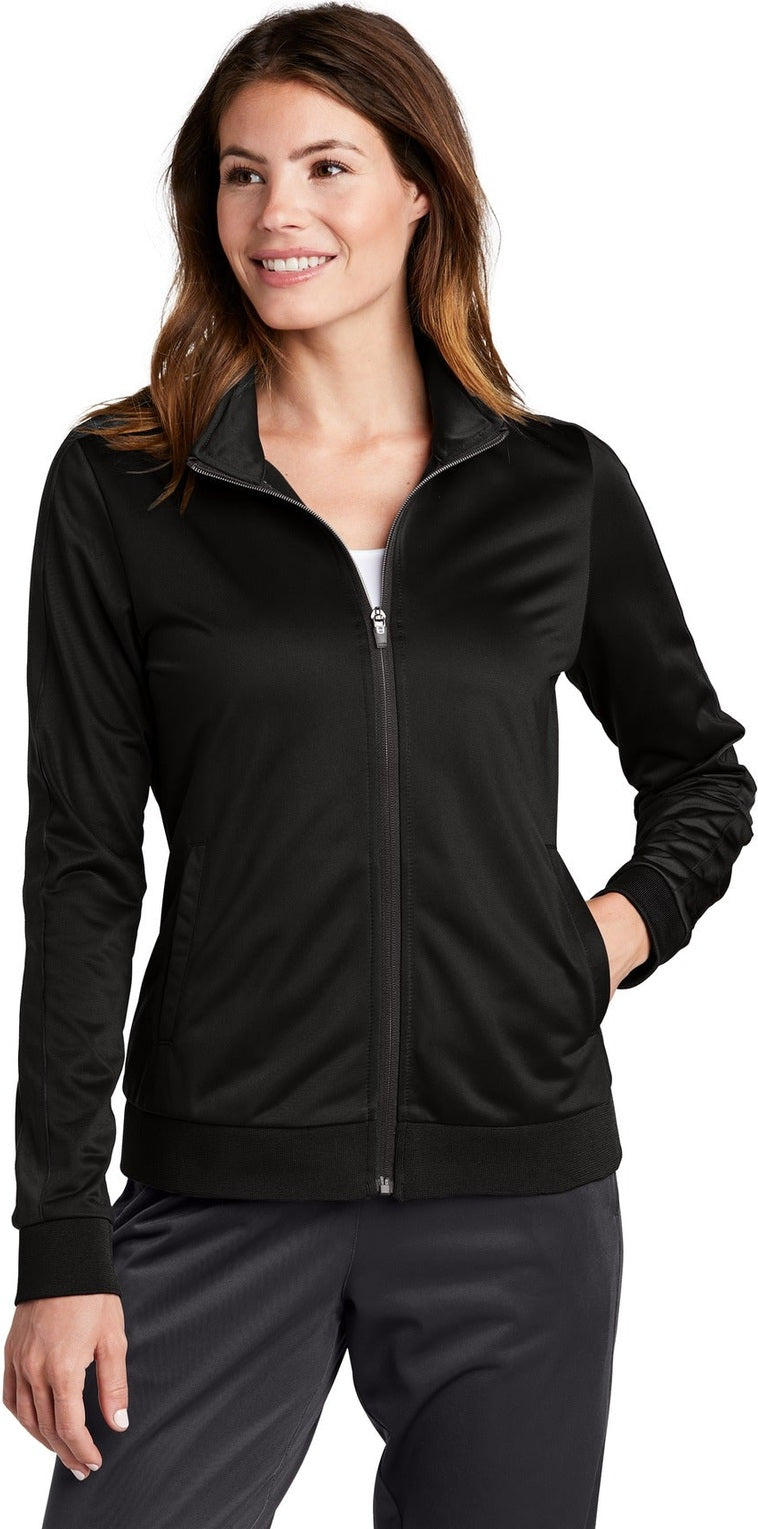 Front View of Black/Black Sport-Tek Ladies Tricot Sleeve Stripe Track Jacket. LST94