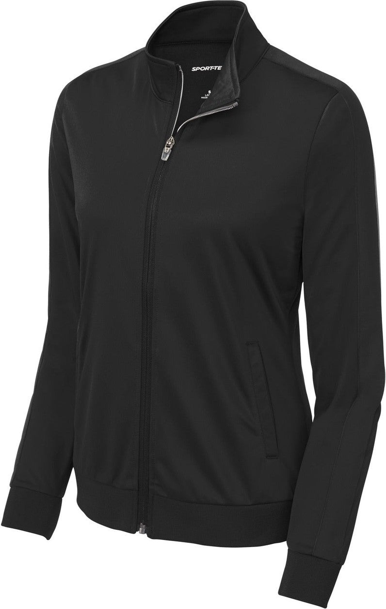 Front View of Black/Black Sport-Tek Ladies Tricot Sleeve Stripe Track Jacket. LST94