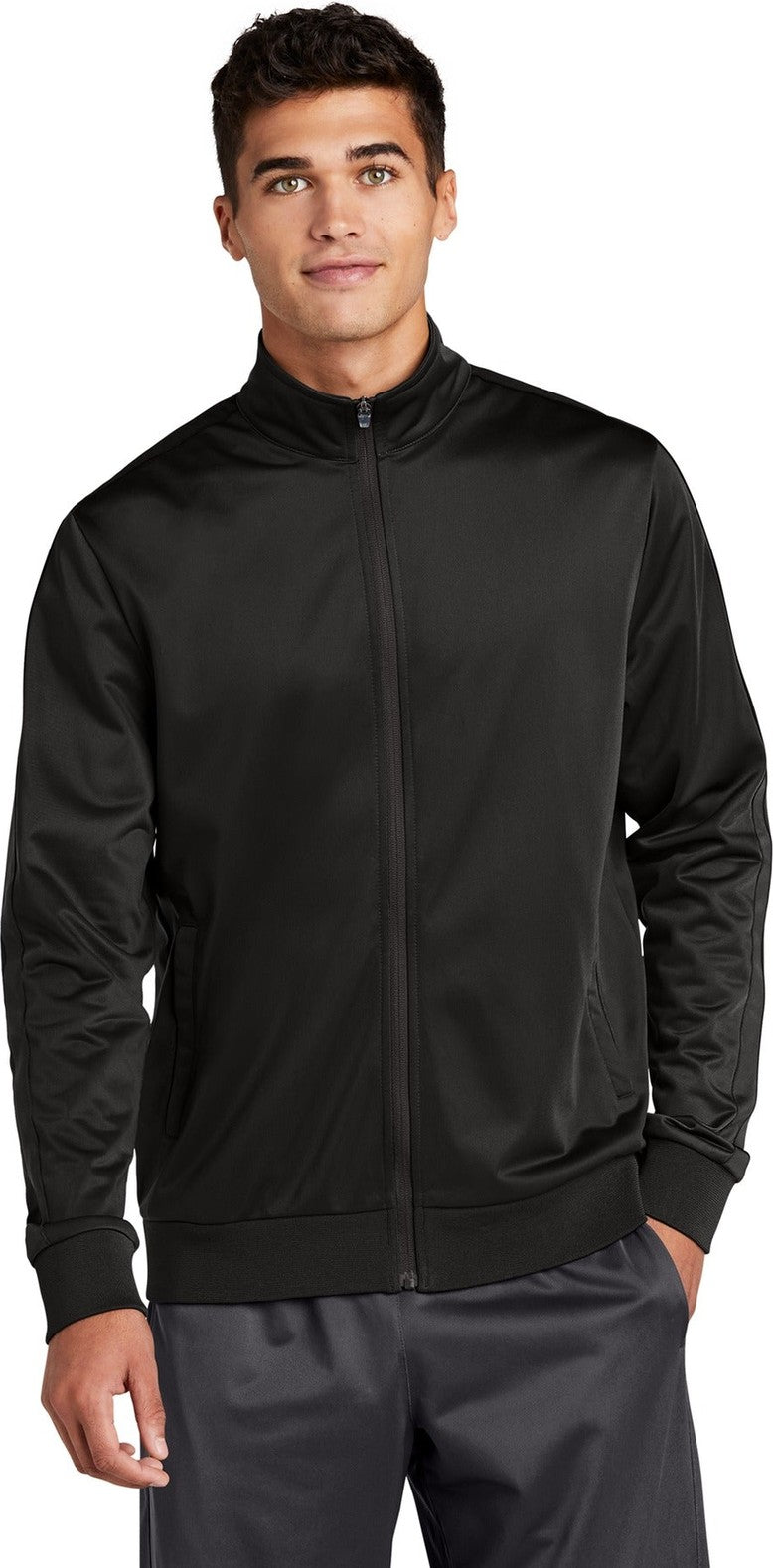 Front View of Black/Black Sport-Tek Tricot Sleeve Stripe Track Jacket. JST94