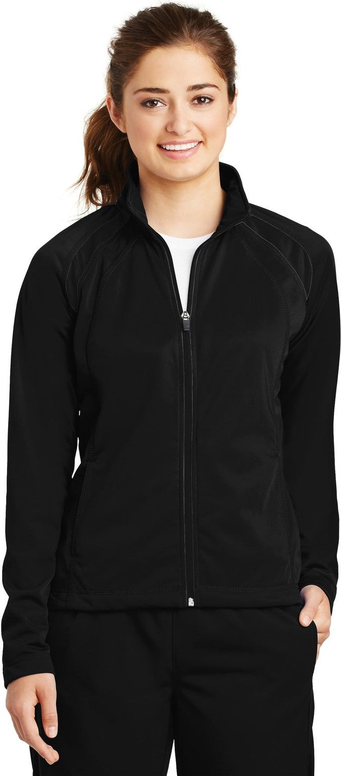 Front View of Black/Black Sport-Tek Women's Tricot Track Jacket. LST90