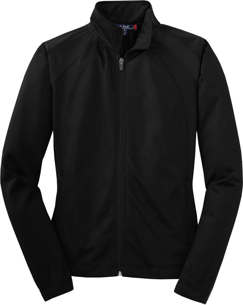 Front View of Black/Black Sport-Tek Women's Tricot Track Jacket. LST90