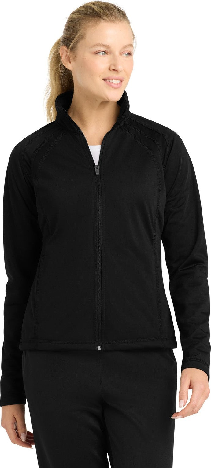 Front View of Black/Black Sport-Tek Women's Tricot Track Jacket. LST90