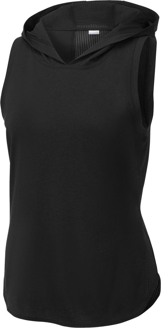 Front View of Black/Black TS Sport-Tek Women's PosiCharge Tri-Blend Wicking Draft Hoodie Tank. LST410