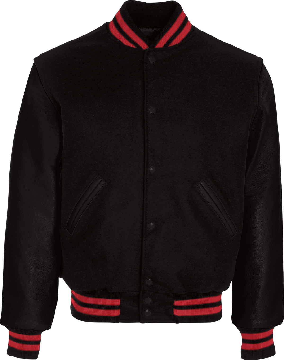 Front View of BLACK/BLACK/SCARLET VARSITY WOOL JACKET