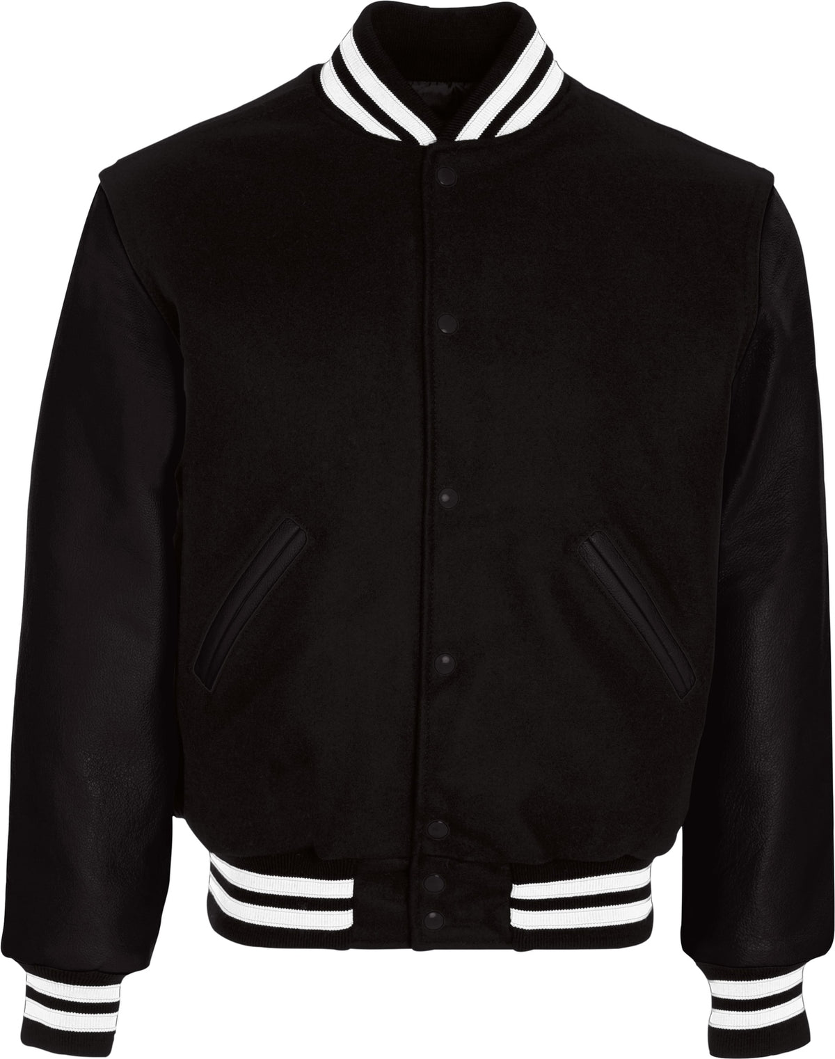 Front View of BLACK/BLACK/WHITE VARSITY WOOL JACKET