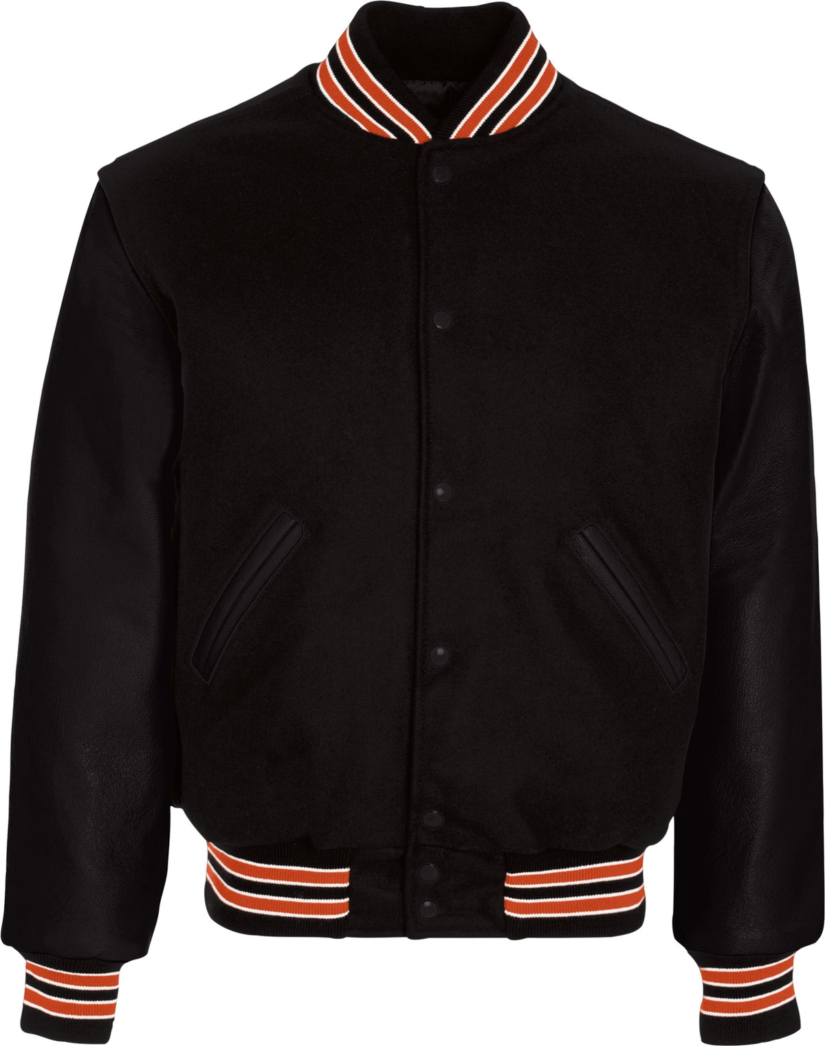 Front View of BLACK/BURNT ORANGE/WHITE VARSITY WOOL JACKET