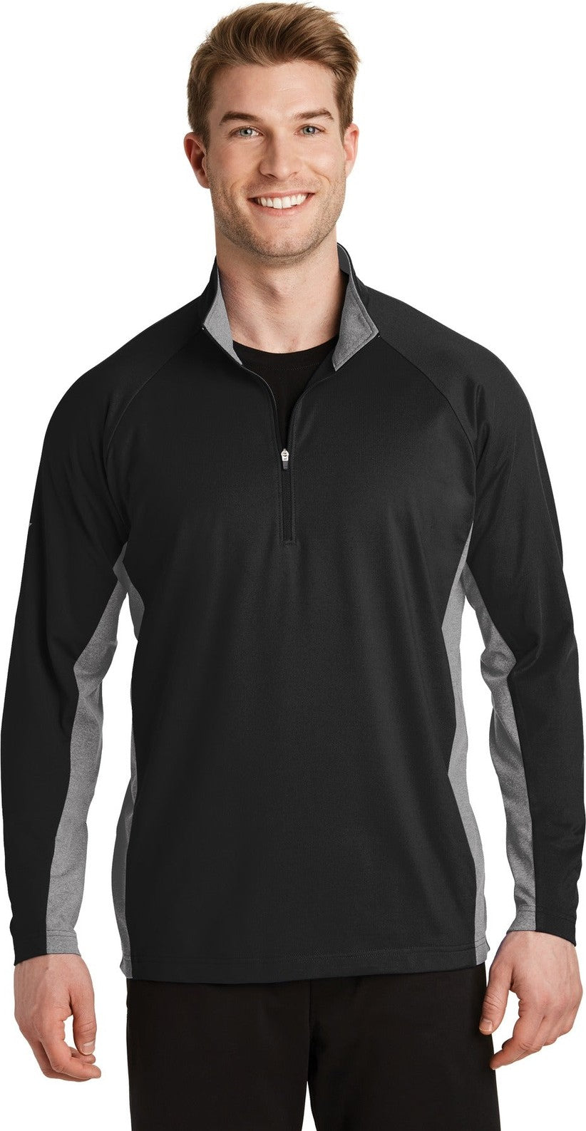 Front View of Black/Ch Gy He Sport-Tek Sport-Wick Stretch Contrast 1/4-Zip Pullover. ST854