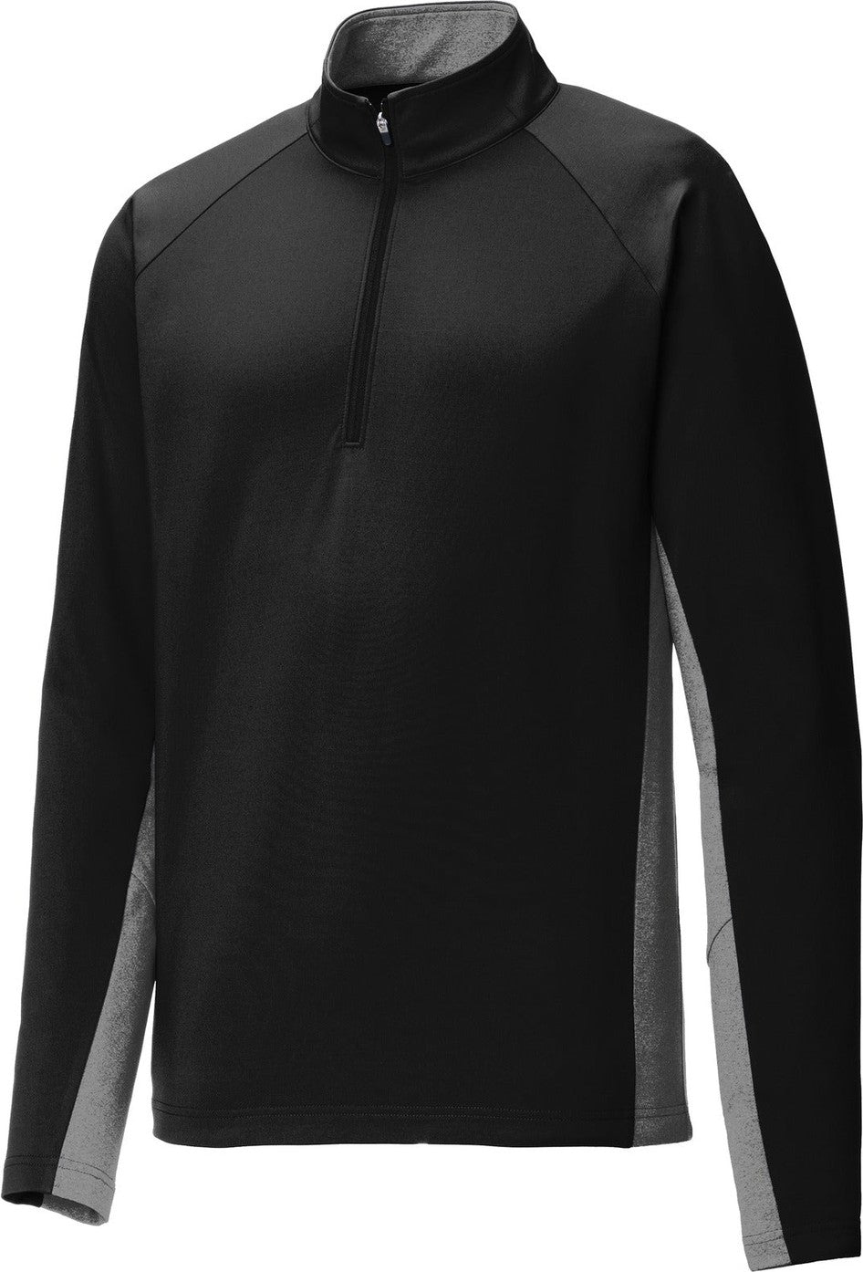 Front View of Black/Ch Gy He Sport-Tek Sport-Wick Stretch Contrast 1/4-Zip Pullover. ST854