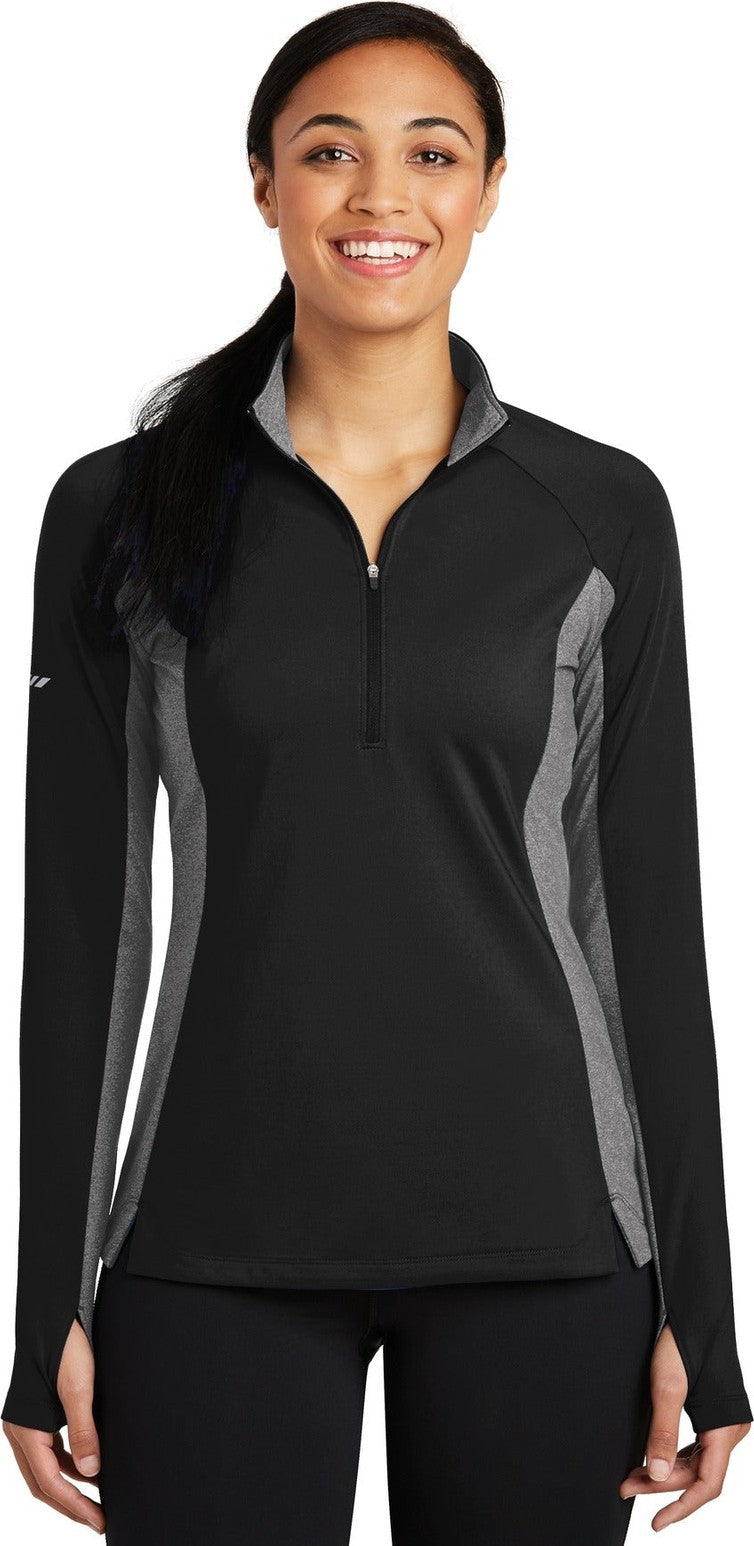 Front View of Black/Ch Gy He Sport-Tek Women's Sport-Wick Stretch Contrast 1/4-Zip Pullover. LST854