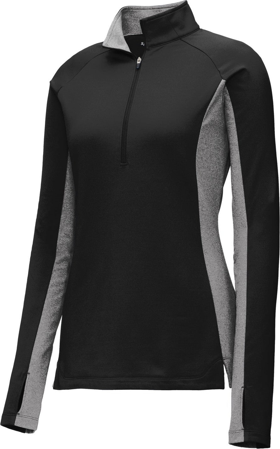 Front View of Black/Ch Gy He Sport-Tek Women's Sport-Wick Stretch Contrast 1/4-Zip Pullover. LST854