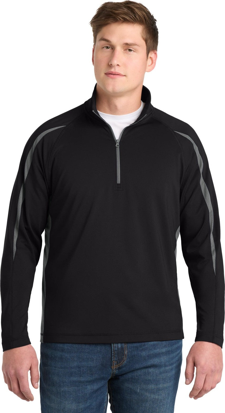 Front View of Black/Char Gry Sport-Tek Sport-Wick Stretch 1/4-Zip Colorblock Pullover. ST851