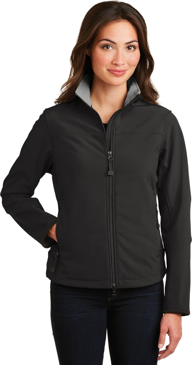 Front View of Black/Chrome Port Authority Women's Glacier Soft Shell Jacket. L790