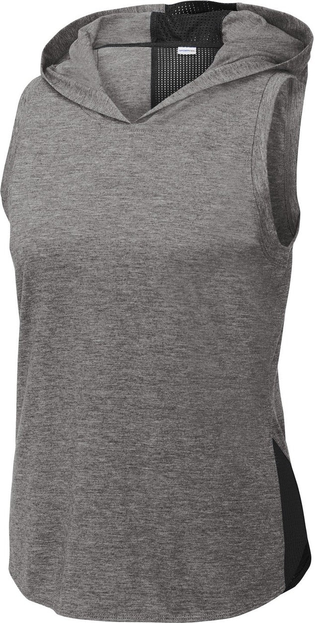 Front View of Black/Dk Gy He Sport-Tek Women's PosiCharge Tri-Blend Wicking Draft Hoodie Tank. LST410