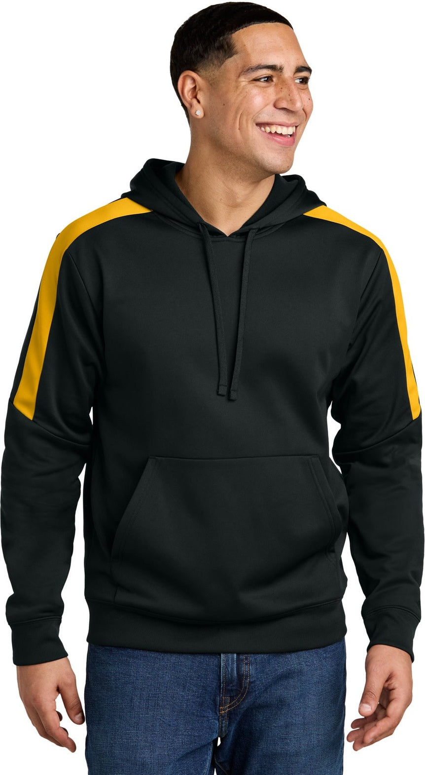 Front View of Black/Gold Sport-Tek Sport-Wick Fleece United Pullover Hoodie ST255